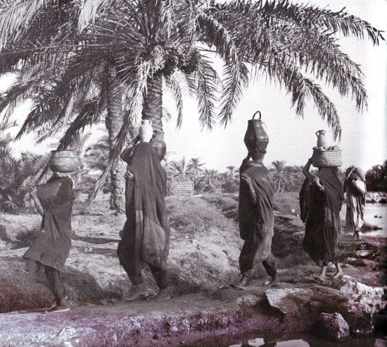 نسوة يحملن الماء من أحد البساتين بقرية الدير في ثلاثينات القرن الماضي