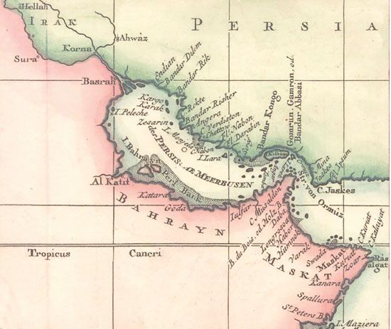 خريطة قديمة بتاريخ 1745 م ويرى فيها إقليم البحرين