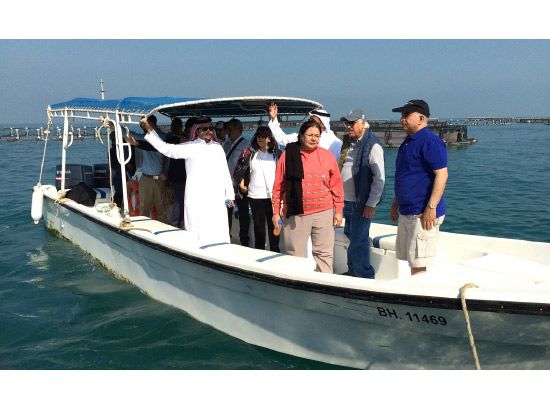 أعضاء مجلس إدارة شركة «أسماك» خلال زيارتهم الميدانية لأحواض الاستزراع السمكي بعرض البحر