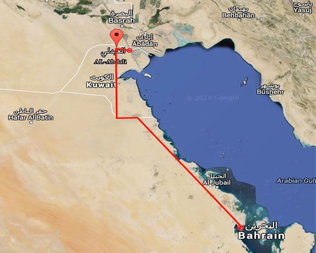خريطة توضح خط سير الحافلة التي استقلها المسافرون البحرينيون المتوجهون إلى العراق عبر طريق «العبدلي»