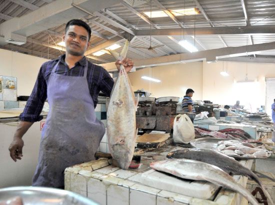 بائع في سوق السمك فيما شهدت الأسعار ارتفاعاً أمس