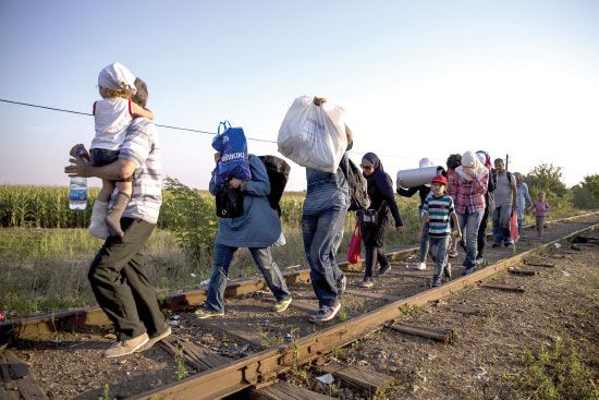 مهاجرون سوريون يعبرون الحدود بين صربيا والمجر  - reuters