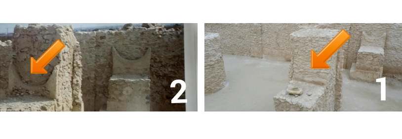 ﻿شكل الهلال واضح على شواهد المعبد في الصورة الثانية التي تعود لعام 1989 فيما يبدو غائباً في الصورة الأولى الحديثة
