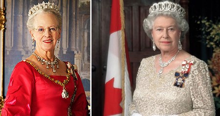 ملكتان بين الحاكمات، أو ذوات صيفة حكم دستوري، ملكة بريطانيا اليزابيث الثانية، وملكة الدنمارك مارغرت الثانية