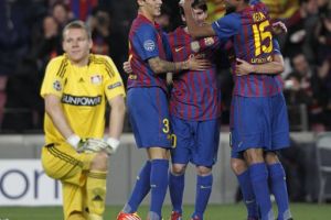 برشلونة الى ربع النهائي بخماسية لميسي دوري ابطال اوروبا 